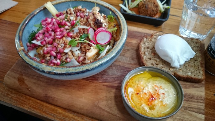 Farro & red quinoa salad with candy beetroot, parsnip, fennel, roasted cauliflower & pomegranate with smoked hummus and rye toast