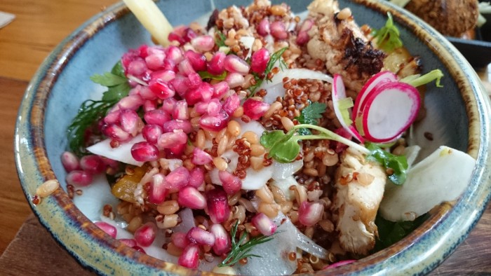 Farro & red quinoa salad with candy beetroot, parsnip, fennel, roasted cauliflower & pomegranate with smoked hummus and rye toast