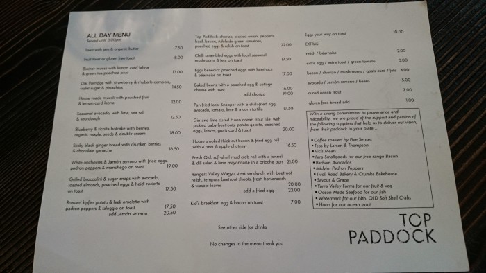 The menu at Top Paddock