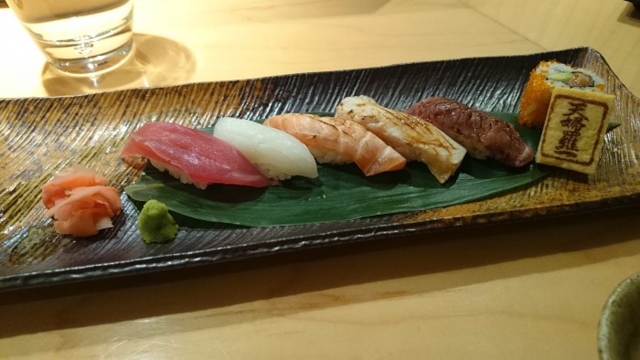 Sushi platter - Tuna, calamari, seared salmon, seared king fish, seared wagyu beef, tamago and a California roll