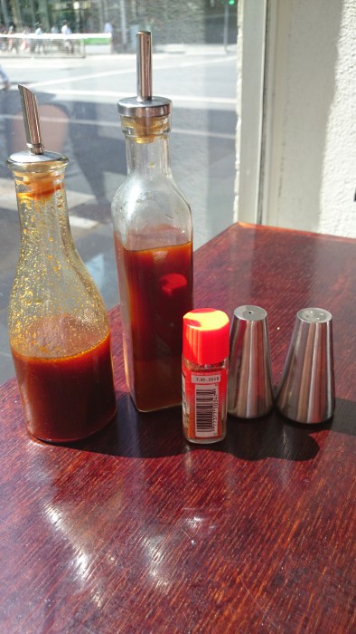 The condiments with sesame sauce and spicy sauce