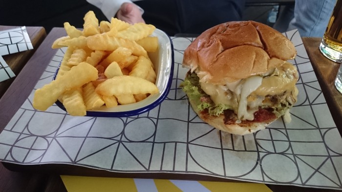 Double Cheeseburger, Beef, Bacon, Pickles, Tomato Relish & Crinkle Cut Chips